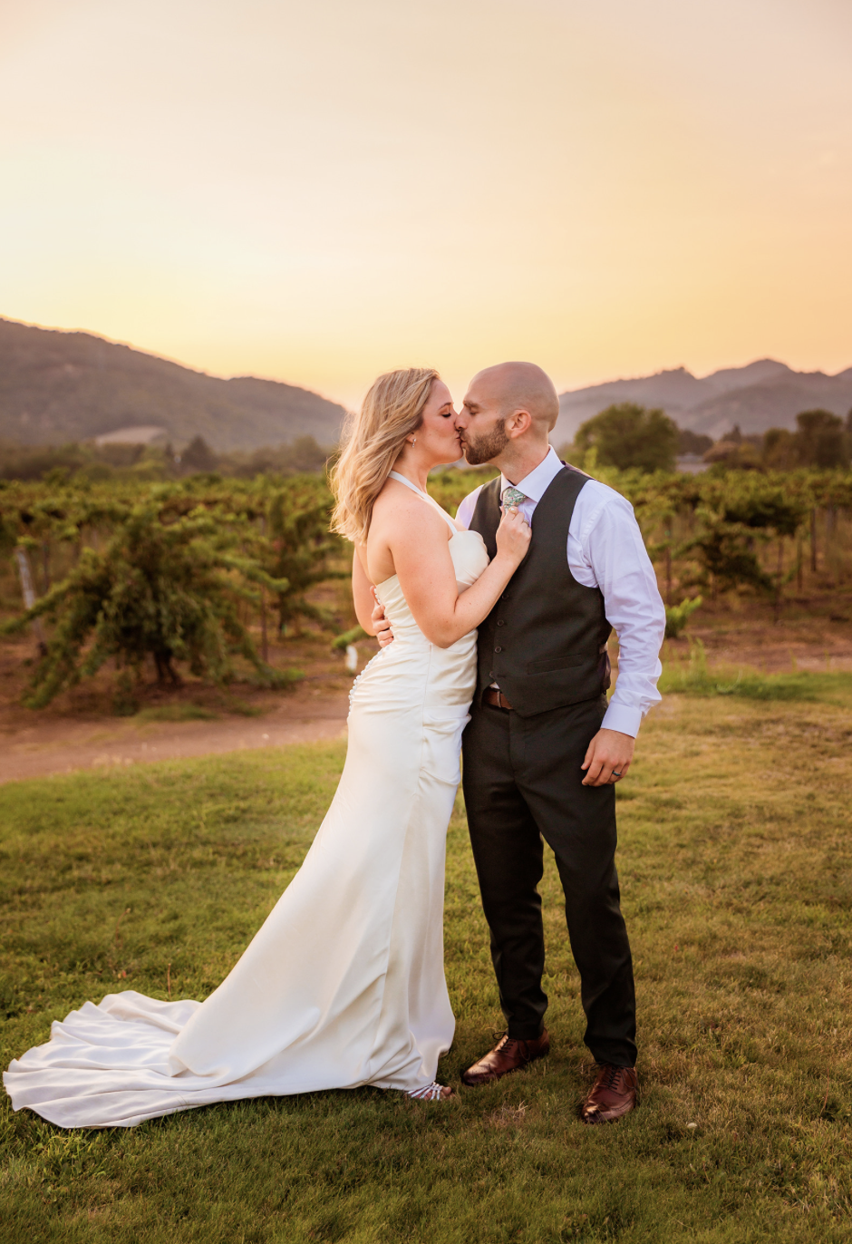 bride and groom winery wedding sunset california hills